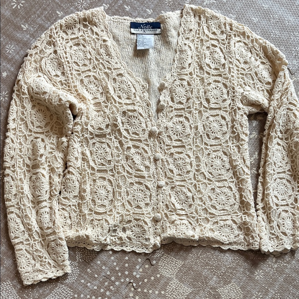 Vintage silk hand crocheted cream lace cardigan size S